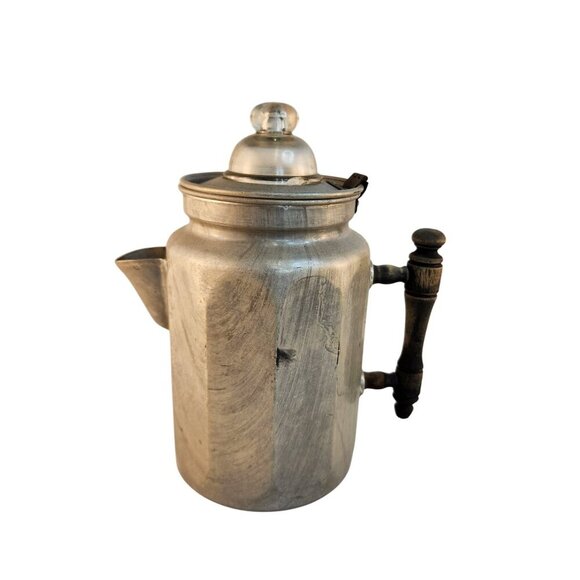 Vintage Aluminum Coffee Percolator With Glass Knob Top & Wooden Handle - Picture 9 of 11